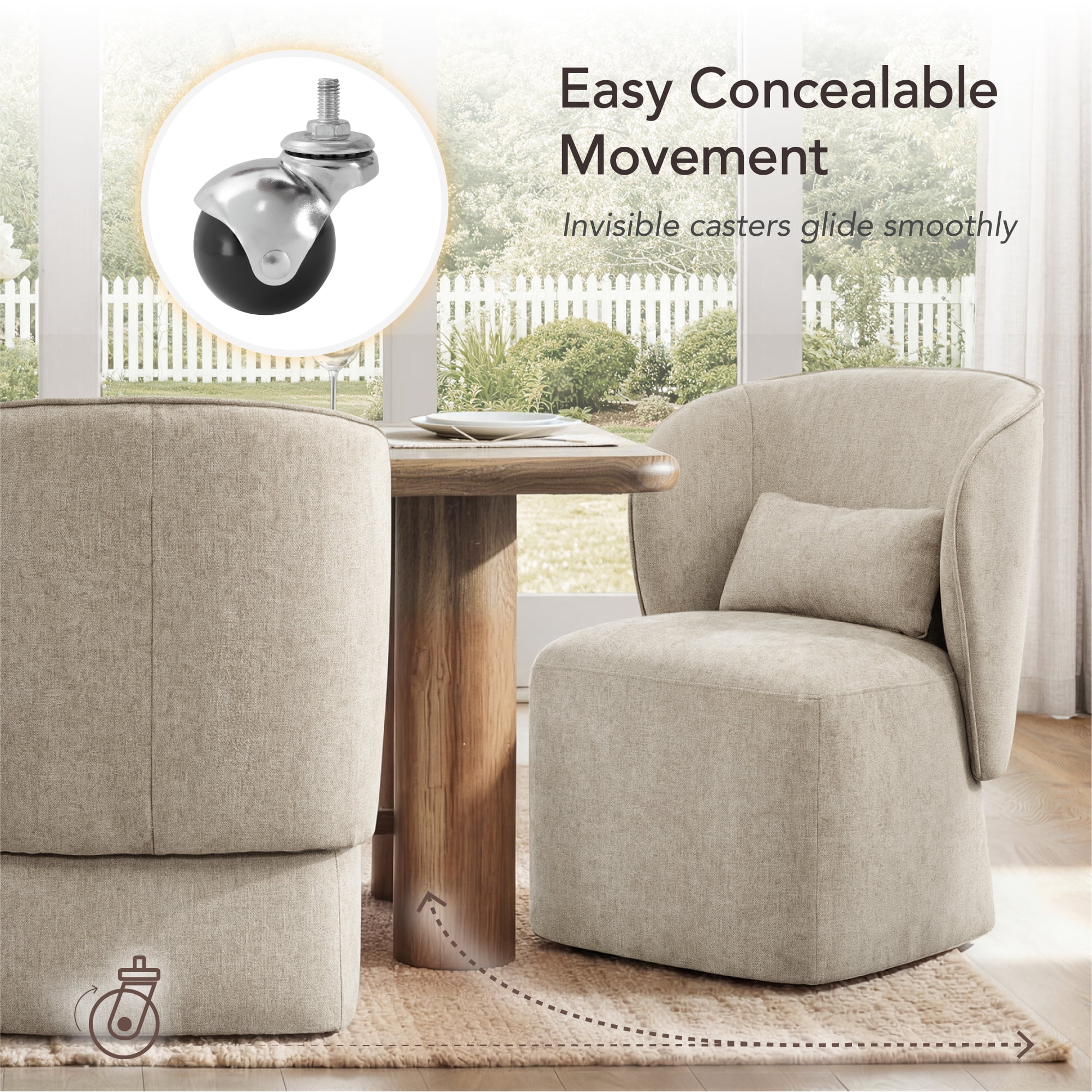 Spruce & Spring Rolling Dining Chairs, Spill-Proof & Stain Resistant Barrel Armchair with Casters, Modern Upholstered Seat and Removable Back Support Pillow for Kitchen Living Room, Khaki
