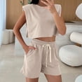 thumbnail image 4 of CHUMUD Two Piece Sets for Women Petite Summer Outfits Sleeveless Crew Neck Crop Tank Shorts Casual Set with Pockets, 4 of 9