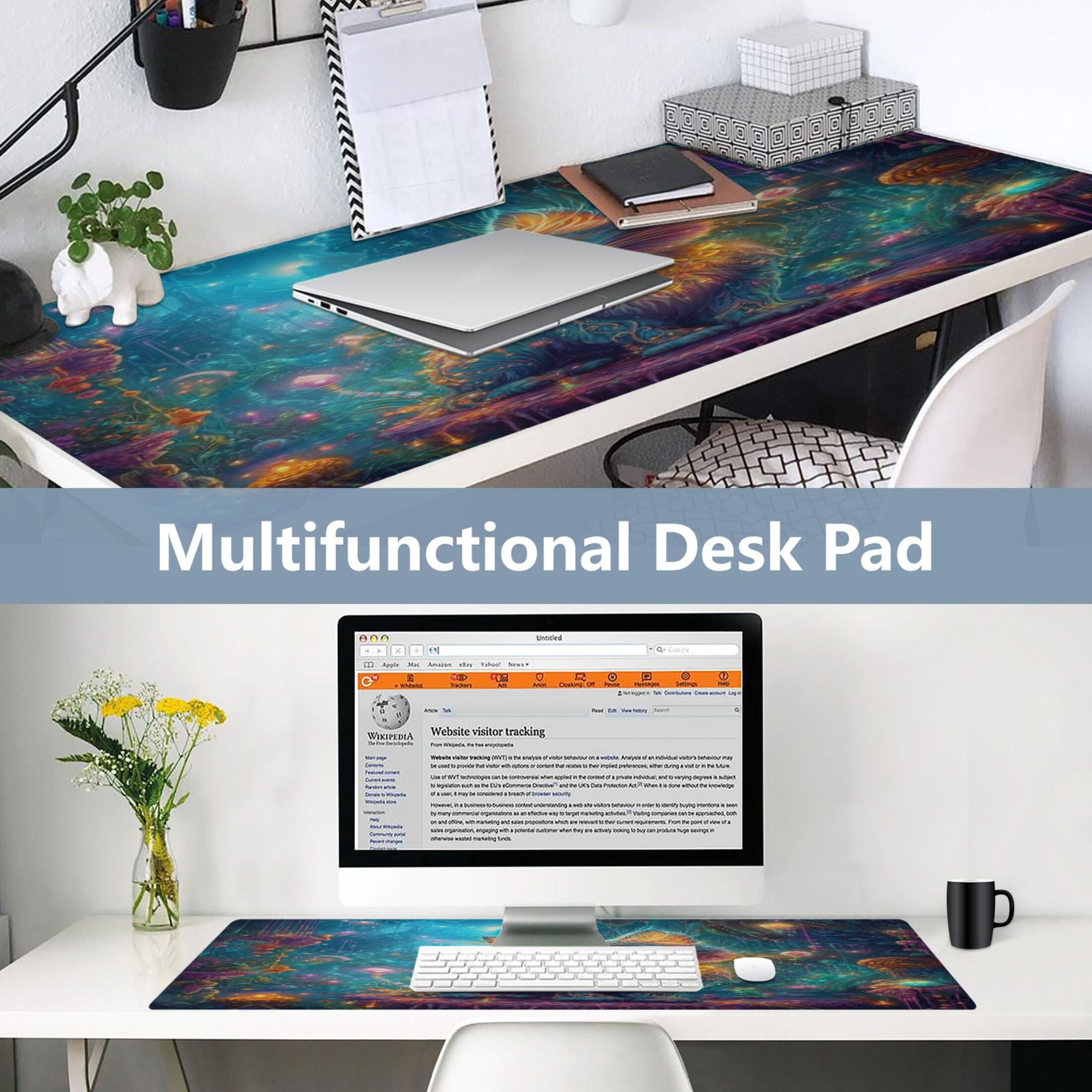 Leather Keyboard and Mouse Desk Mat Office Desk Accessories Protective Office Desk Decor Desk Pad Mat for Gaming, Work from Home, Office Mystical Cat 16.5" x 35.4"
