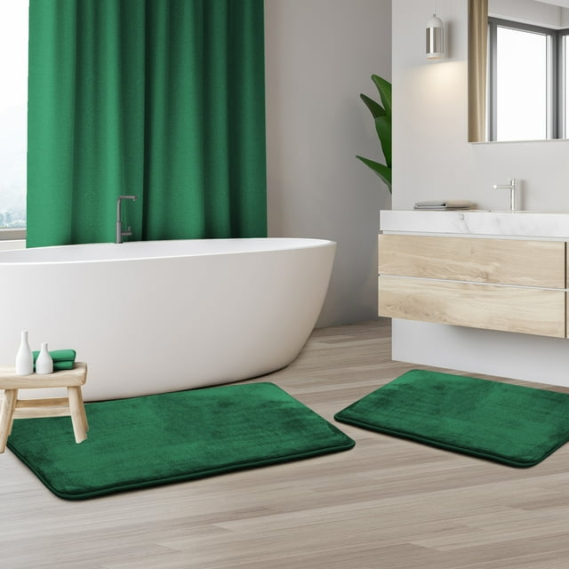 Set of 2 Small Clara Clark Bath Mat Bathroom Rug - Absorbent Memory Foam Bath Rugs - Non-Slip, Cozy Velvet Feel Microfiber Bathrug, Plush Shower, Toilet- Floor Bathmats Carpet - Hunter Green - 17"x24"