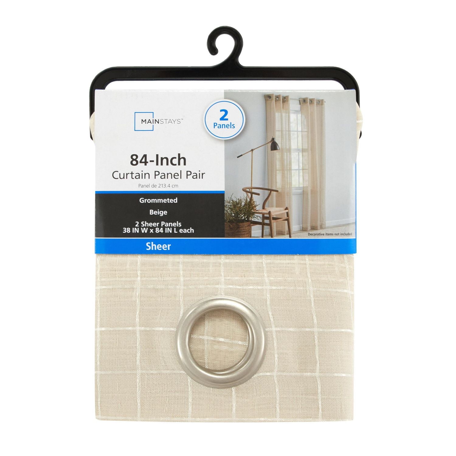 Mainstays Windowpane Sheer Window Curtains Panel Pair, Set of 2, White, 38" W x 84" L, 2 Set MS Sheer Curtain Panel