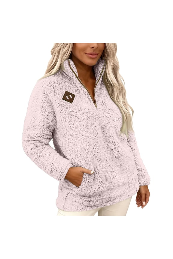 Fleece Pullover Women Long Sleeve Half Zip Sherpa Jacket with Side Pockets Soft Warm Trendy Teddy Winter Sweatshirts