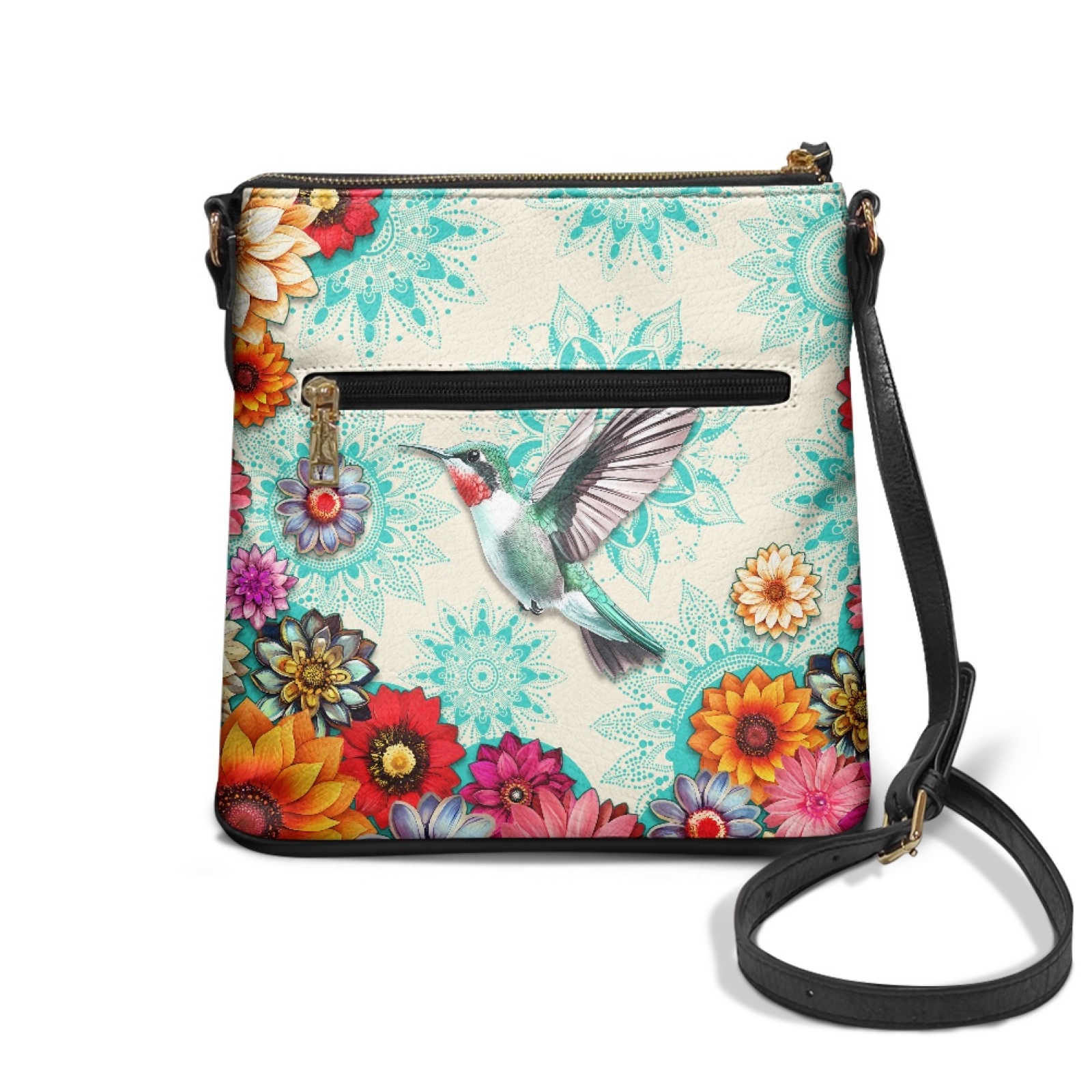 ZUXONGSY Boho Mandala Hummingbird Daisy Flower Print Shoulder Bag for Women PU Multiple Pockets Bag Satchel Casual Sling Hobo Bag Travel Purse with Adjustable Strap for Shopping Business