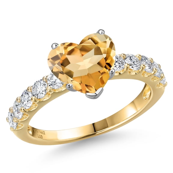 Gem Stone King 14K Two Tone Gold Yellow Citrine and Lab Grown Diamond Engagement Ring for Women | 2.05 Cttw | Heart Shape 8MM | Gemstone November Birthstone | Size 8