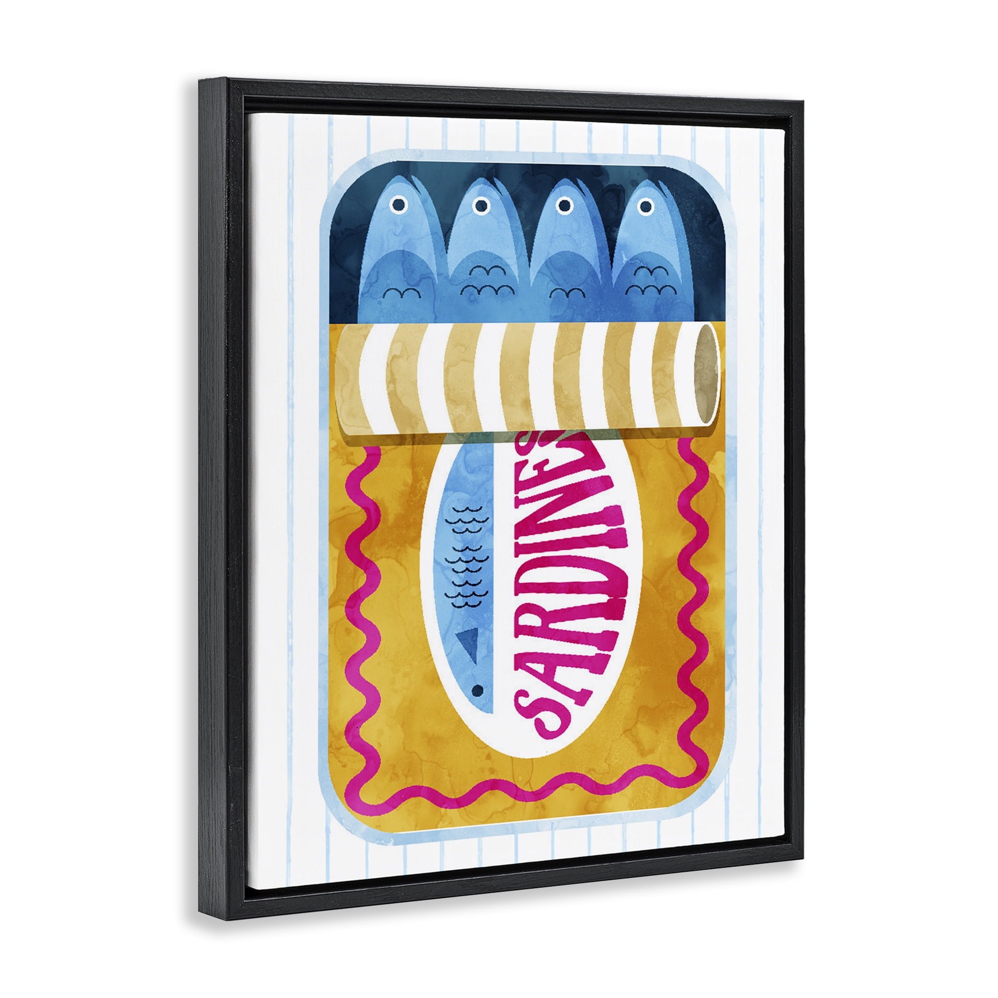 Yellow Sardine Tin over Stripes Black Framed Floater Canvas Wall Art, design by Daphne Polselli