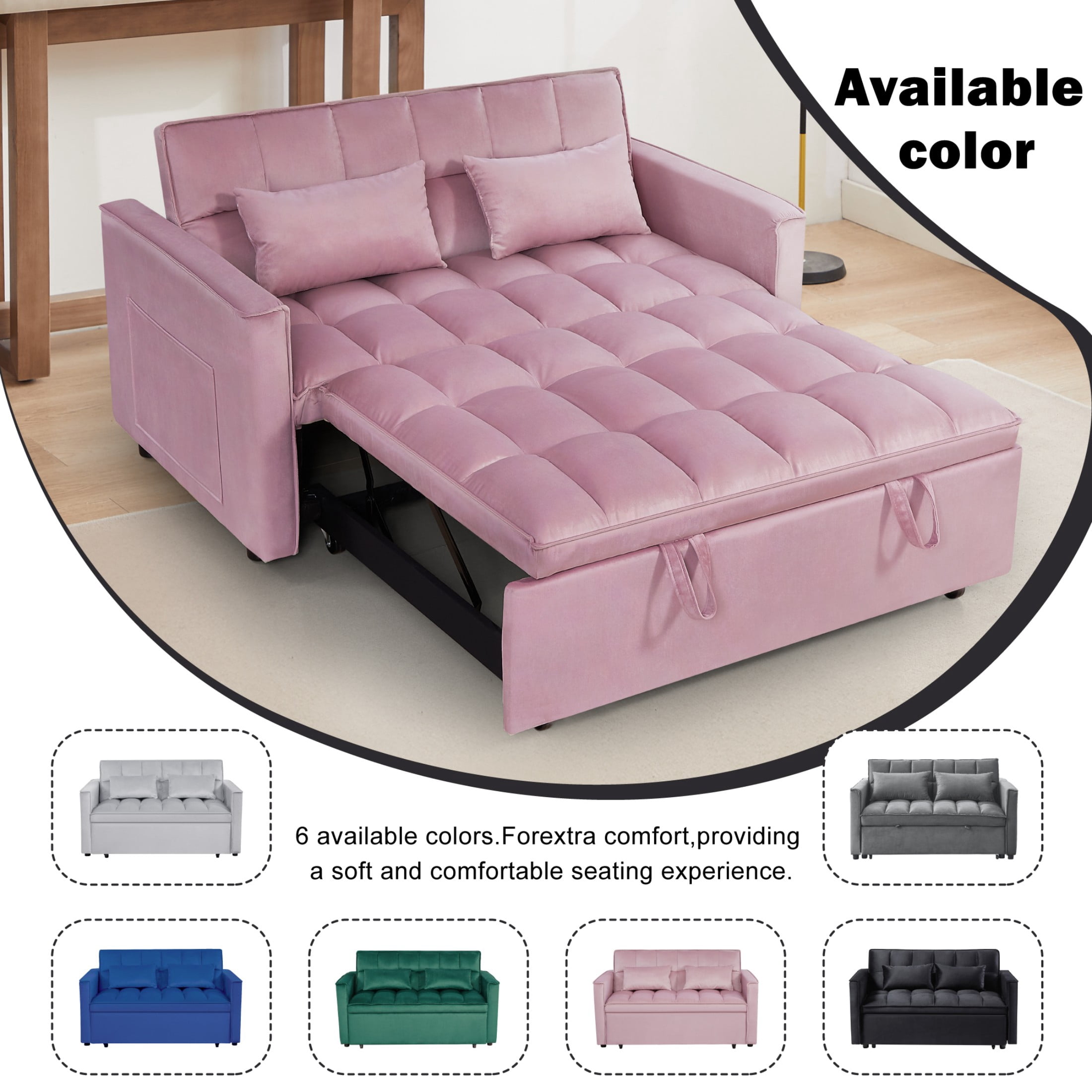 Gewnee 54" Modern Convertible Velvet Futon Sofa Bed with Pull-Out Sleeper and Adjustable Backrest, Loveseat Couch for Living Room or Office (Pink)
