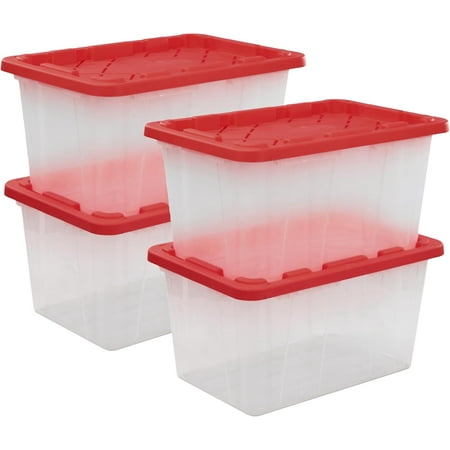 CX BLACK & YELLOW, XTRA TALL 27-Gallon Heavy Duty Clear Storage Container & Snap-Tight Lid, Clear & Red (28.5L x 19.4W x 15.2H), Weather-Resistant, Stackable, See-Through Organization Tote