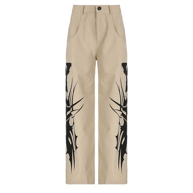 Pantalones holgados de gran tamaño con estampado en tinta negra para mujer, estilo hippie, de tiro bajo, informales, de verano, color caqui