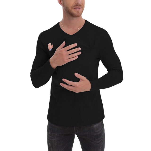 Ceisia Men's Slim V-Neck Chest Baby-Pocket Parent-Child Cotton Long-Sleeve Top Gift