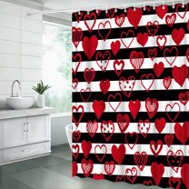 Valentine''s Day Shower Curtain Red Heart Black White Stripes Romantic Love Lover Couple Creative Bathroom Decor Fabric Curtain with Hooks