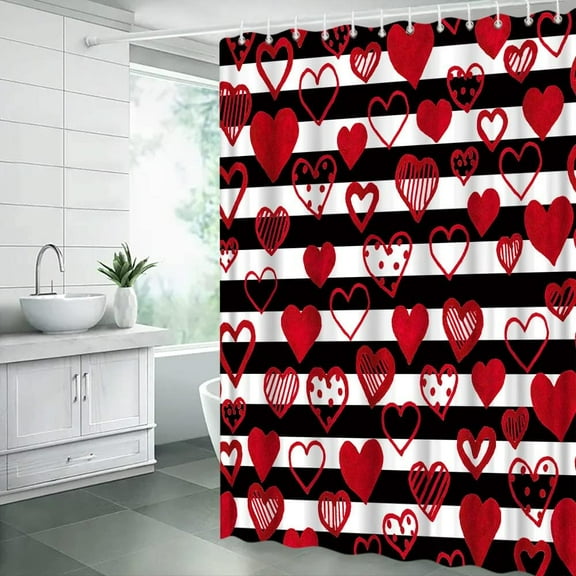 Valentine''s Day Shower Curtain Red Heart Black White Stripes Romantic Love Lover Couple Creative Bathroom Decor Fabric Curtain with Hooks