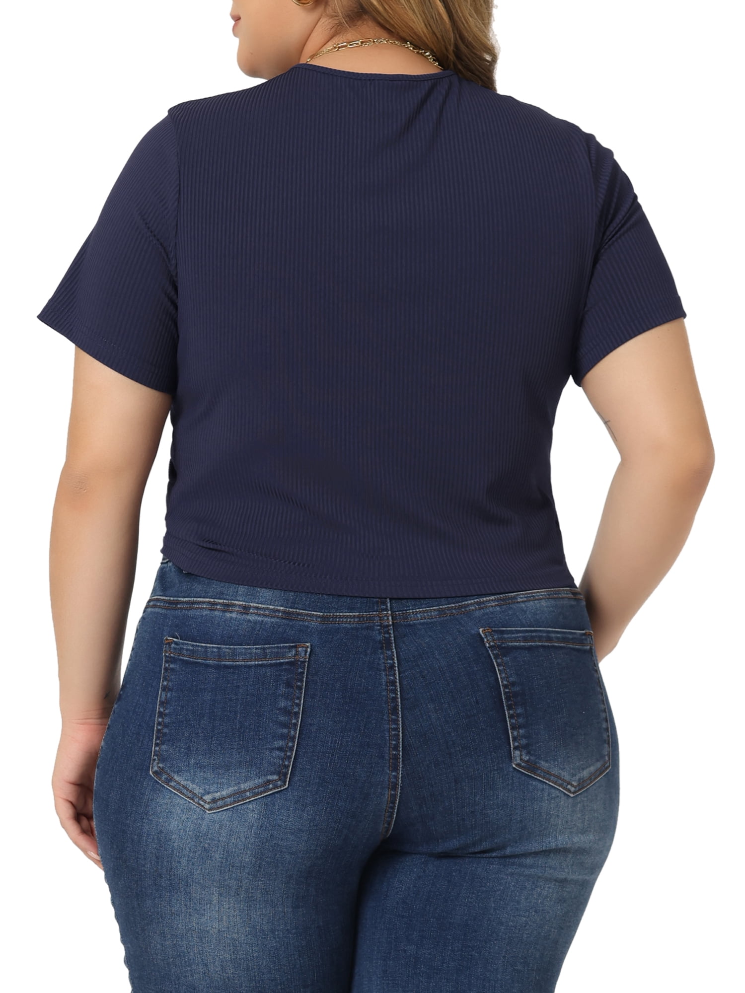 Women's Plus Size Twist Front V Neck Ribbed Short Sleeve Casual Solid Blouses Navy Blue 4X