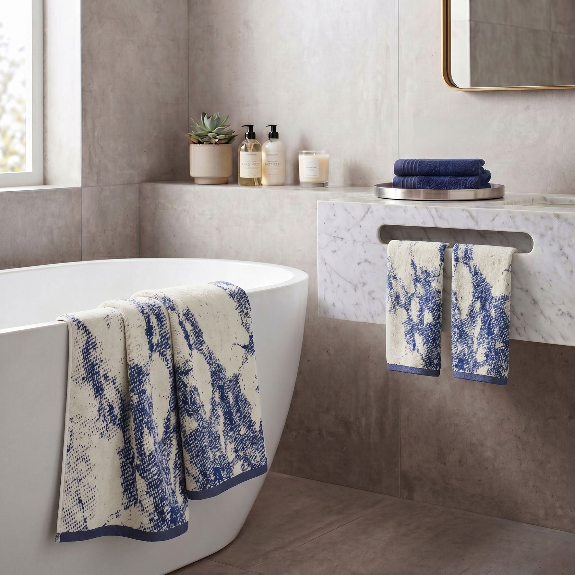Superior Marble and Solid Jacquard Assorted Cotton 6 Piece Towel Set, Navy Blue - Ivory