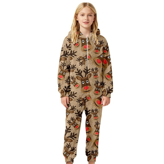 HNMKIU Kids Christmas Bodysuit Cozy Print Girls Jumpsuit Hooded Romper Playwear Winter Holiday Outfit Soft Thermal Loungewear For Toddler And Kid Christmas Outfit Coffee - 3-4 Years