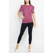 Adrianna Papell Crew Neck Short Sleeve Ruffled Shoulder Solid Knit Top-MULBERRY / M