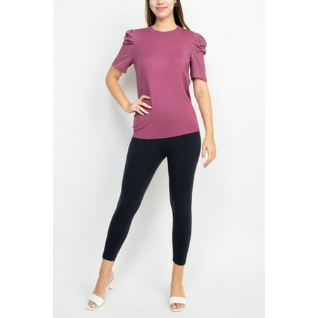 Adrianna Papell Crew Neck Short Sleeve Ruffled Shoulder Solid Knit Top-MULBERRY / M