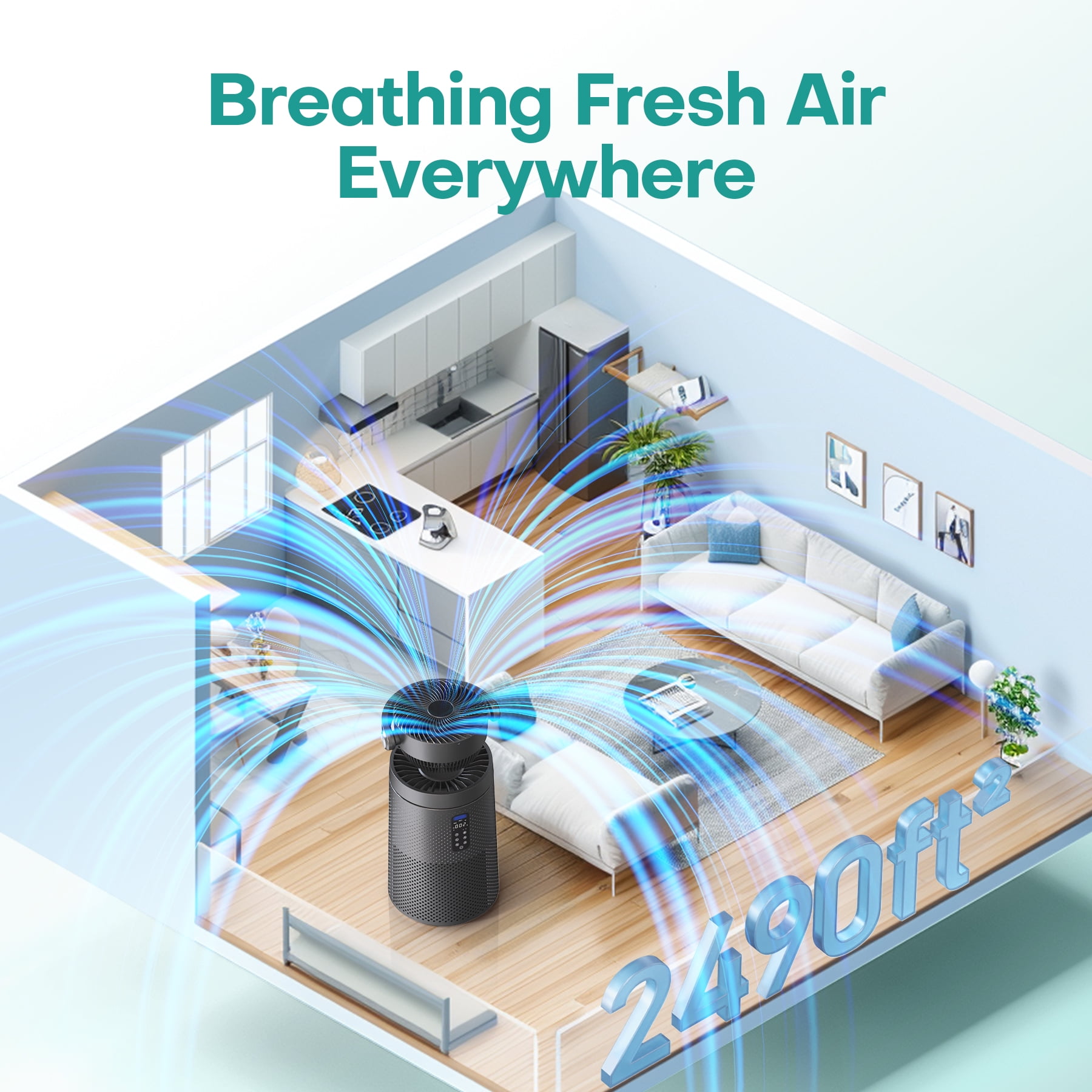Air Purifier Fan for Home Large Rooms Up to 2500 Sq.Ft Smart WiFi Air Circulator Cleaner with Washable Filter, Space Gray