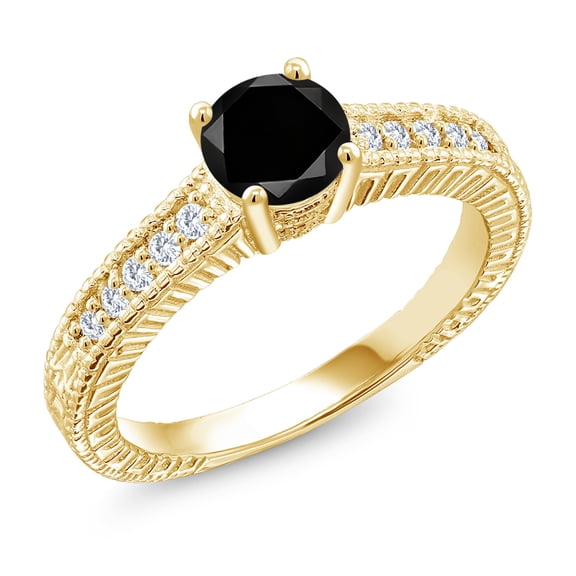 Gem Stone King 18K Yellow Gold Plated Silver Ring Round Black Diamond and Moissanite (1.20 Cttw, Size 9)