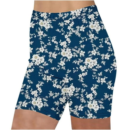 LbsKUS 2024 Fashion Boho Floral Printed Yoga Shorts for Womens Tummy Control Workout Shorts High Waisted Biker Shorts Summer Short Hot Pants Blue XXXL