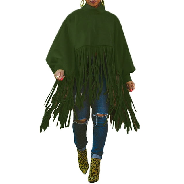 Kmbangi Women Solid Color Fringe Sweatshirt High Neck Tassel Poncho Pullover