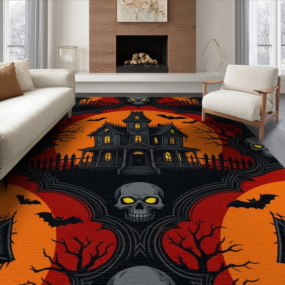 ODIKA 8'x10' Washable Area Rug Spooky Bats Gothic Skull Motif Halloween Eerie Refined for Dining Room, Large Office, Lounge, Non-Slip Chair-Friendly Mat
