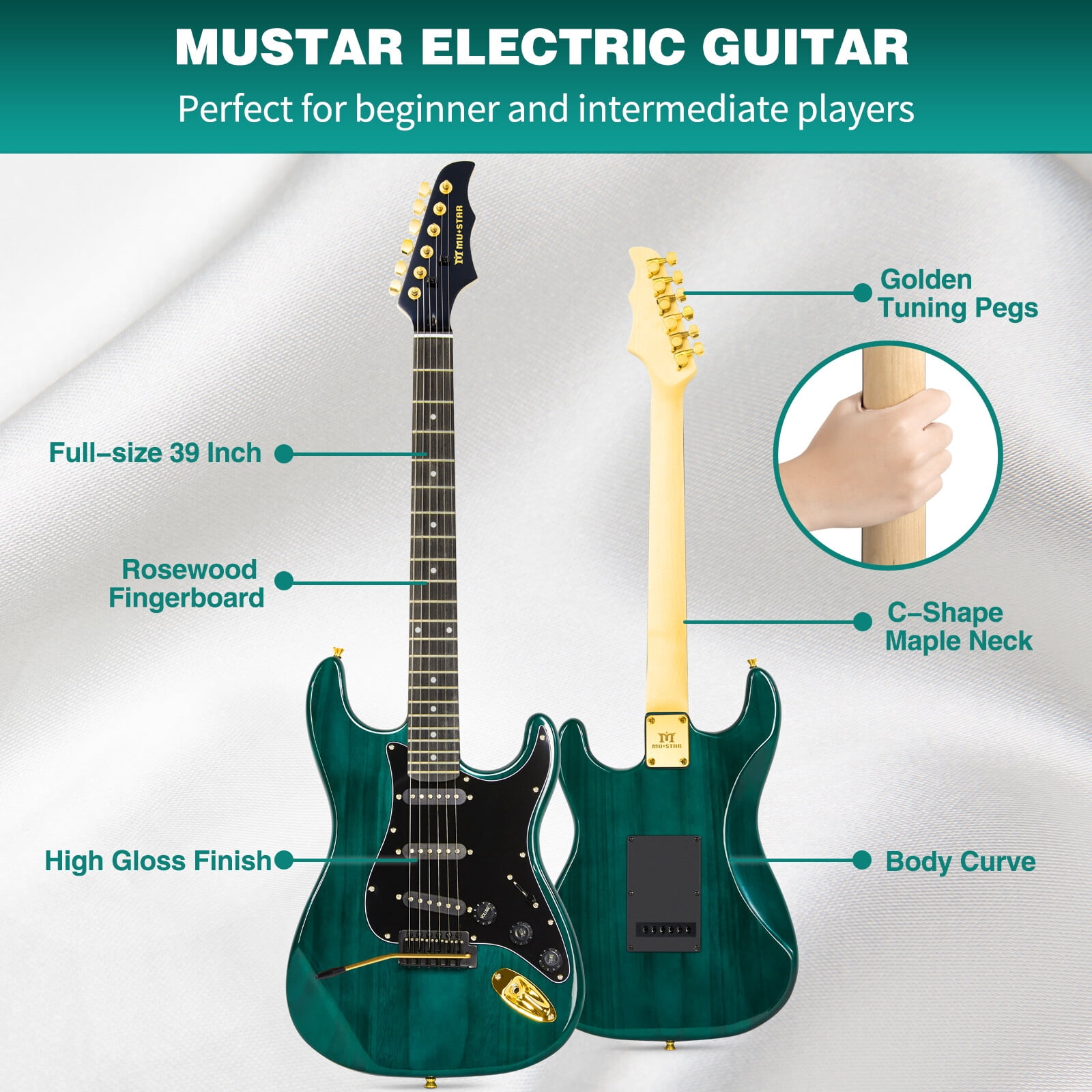 MUSTAR 39 Inch Full Size Solid Wood Electric Guitar Kit Beginner Gift with 25W Amplifier Gig Bag,Capo,Strap,Cable,Picks(Green)