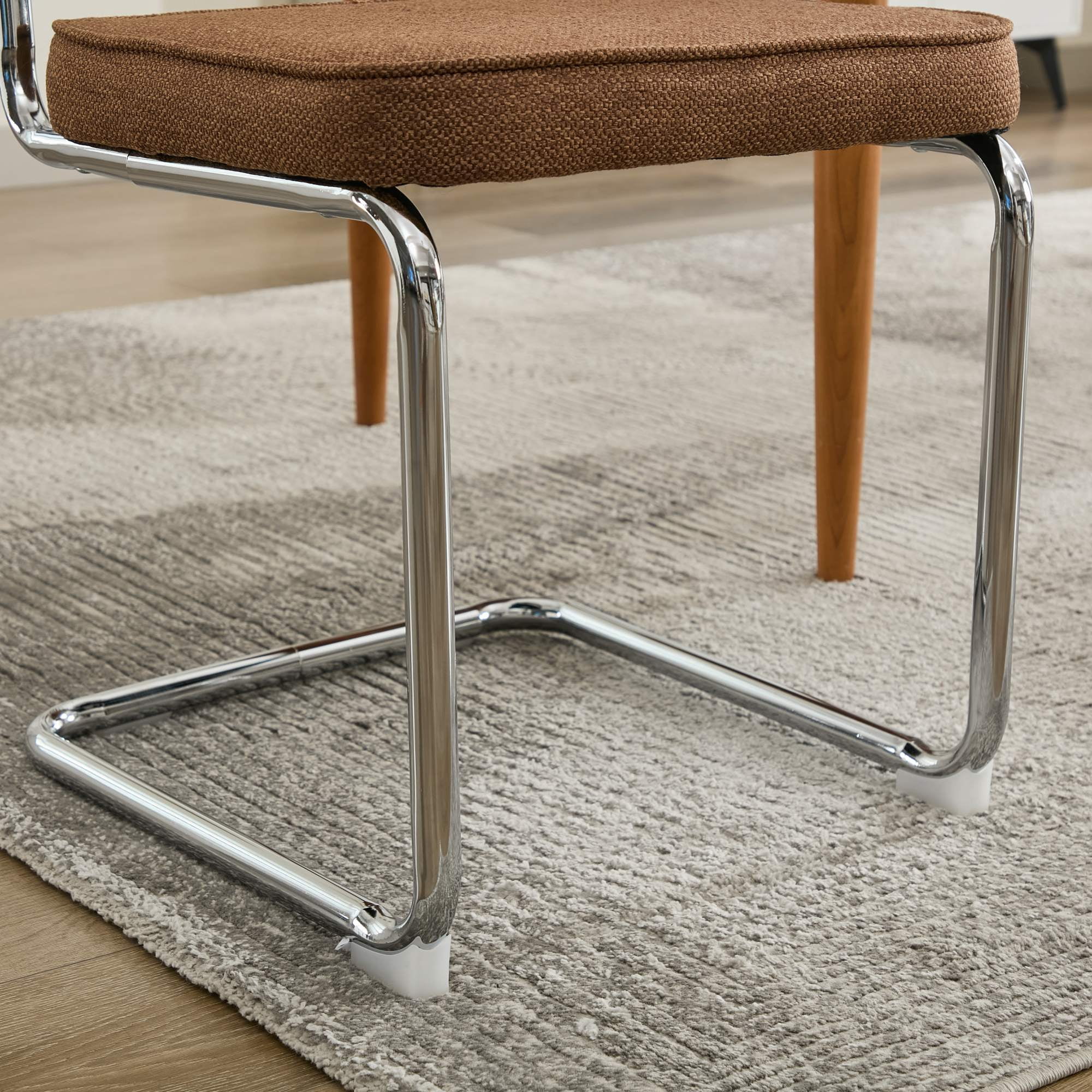 Aukfa Linen Dining Chair Set of 2, Cantilever Upholstered Kitchen Side Chairs Accent Chair with Rattan Back & Stainless Chrome BaseCoffee