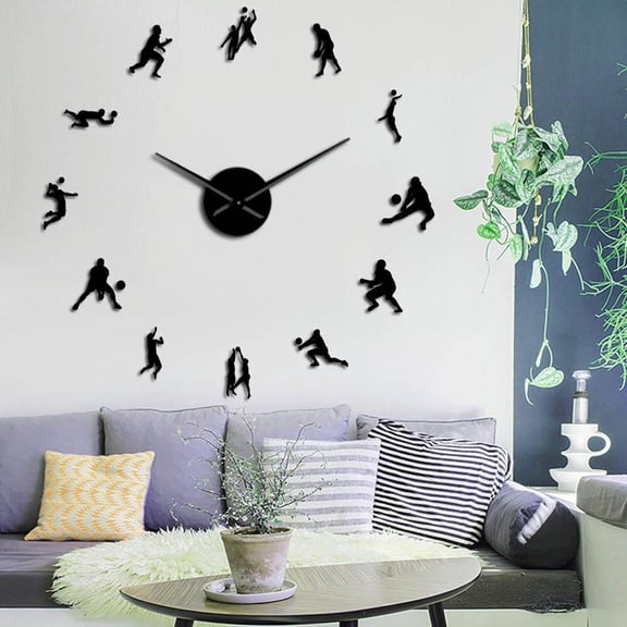 Volleyball Players Modern Silent Wall Clocks Large Mirror Wall Art Stickers Living Room Sports Decor Housewarming Volleyball Gift(Black,27inch)