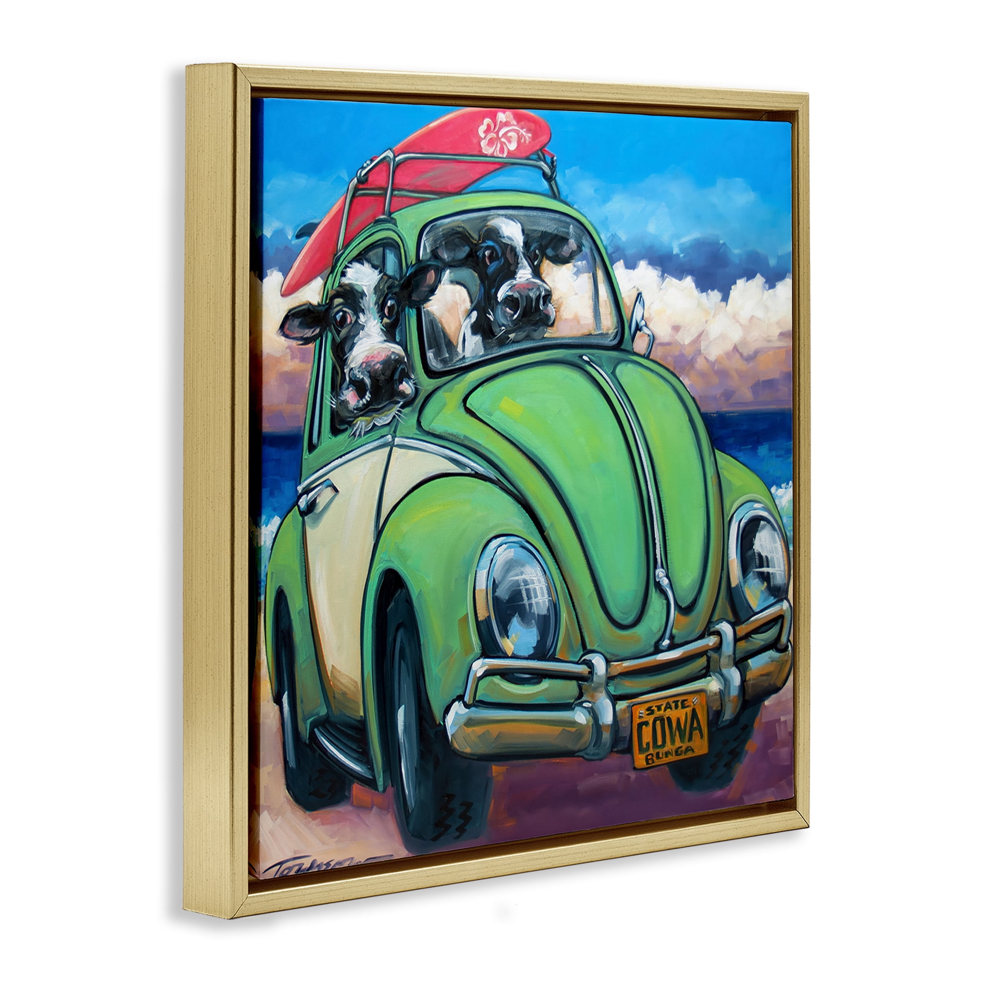 Stupell Industries Cowabunga Surfer Cows Gold Framed Floater Canvas Wall Art, design by CR Townsend