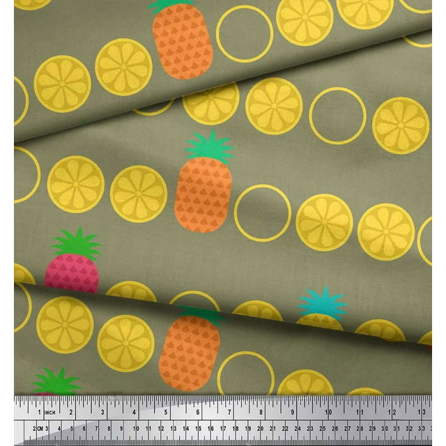 Soimoi Tissu Voile de Coton Vert Imprimé Tranches de Pin et Citron au Mètre 42 Pouces de Large