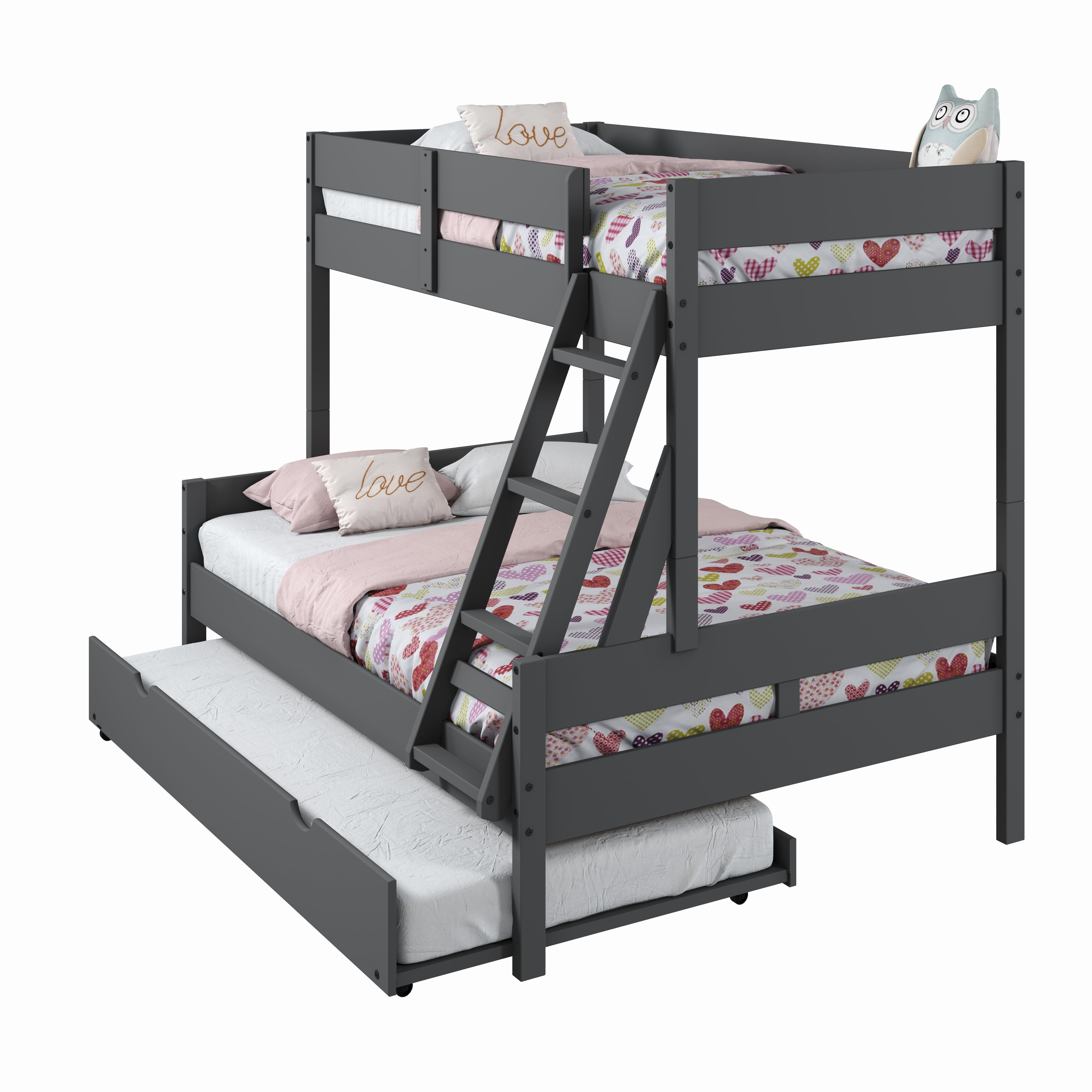 Donco Kids Low Board Panel Twin Over Full Bunkbed with Trundle, Dark Grey