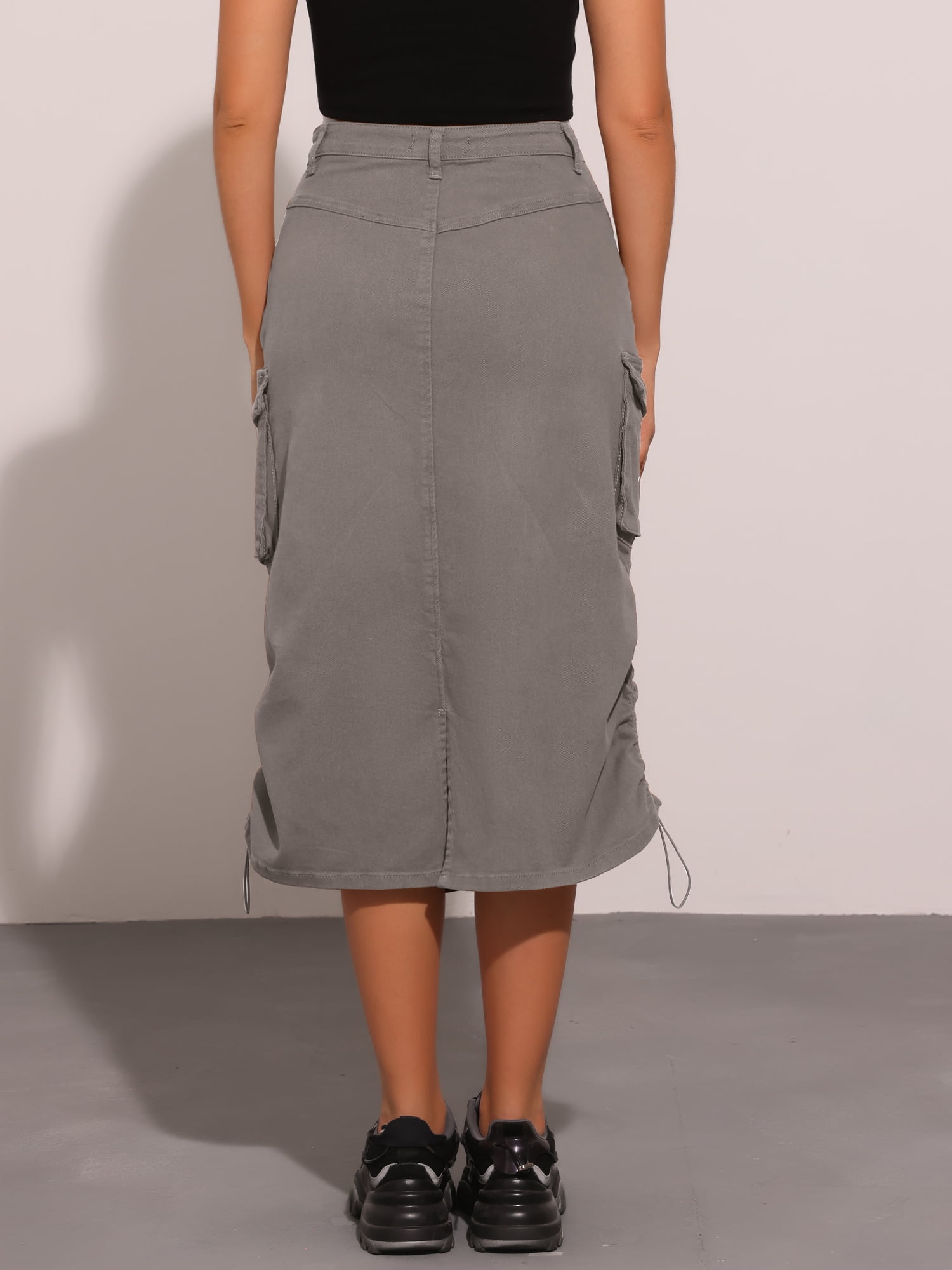 DARING DIVA Women's Y2K Adjustable Casual A-Line Midi Jean Skirt M Grey