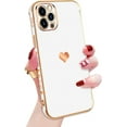 thumbnail image 2 of Compatible with iPhone 12 Pro Max Case for Women Girls, Luxury Gold Electroplate Plating Edge Love Heart Side Back Case with Full Camera Len TPU Cover Girly Slim Sleek Cute Case White, 2 of 17