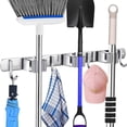 thumbnail image 1 of Soporte para fregona y escoba, 3 posiciones, 4 ganchos, soporte de pared de acero inoxidable, 1 of 6