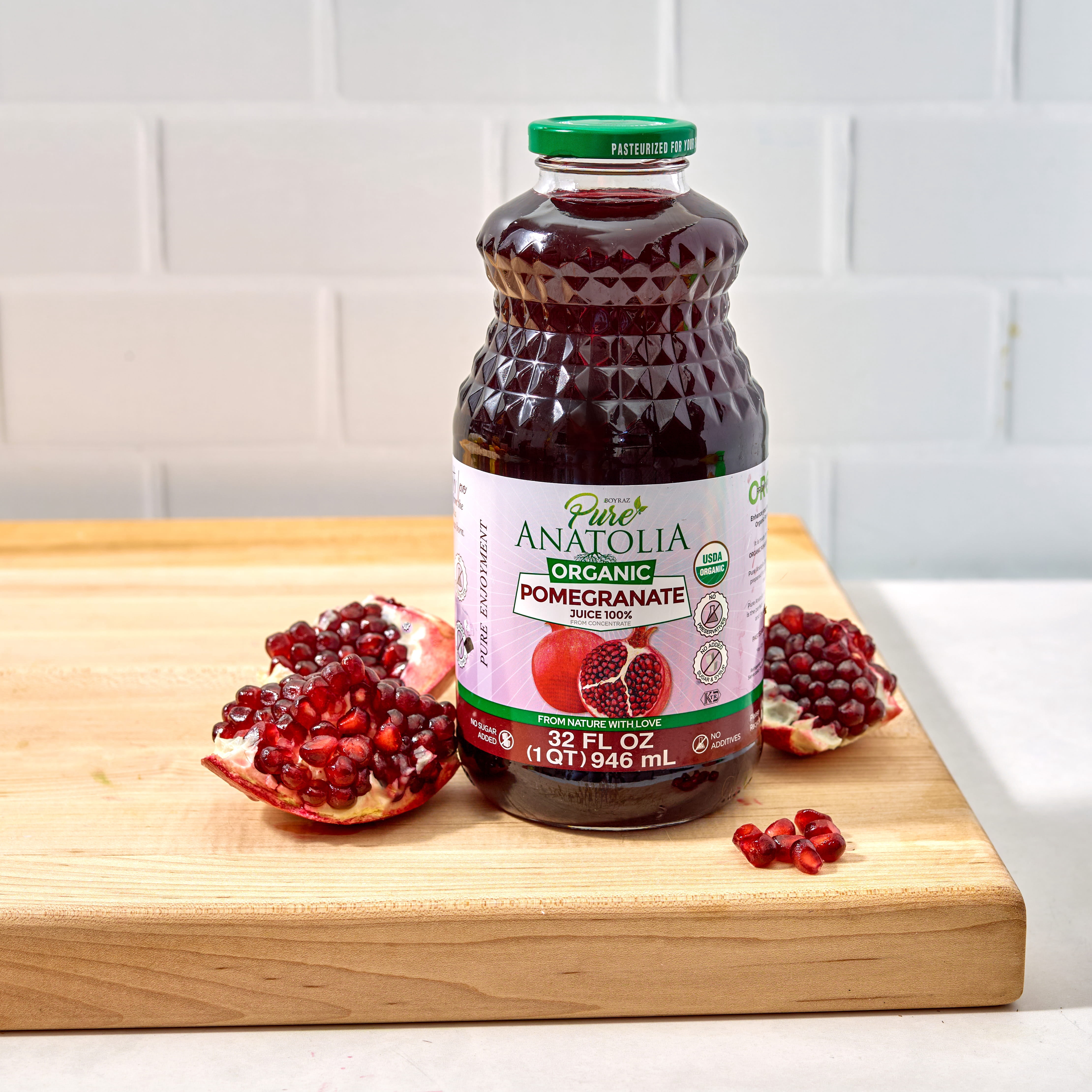 (6 pack) Pure Anatolia Organic Pomegranate Juice, 32 Fl Oz Glass Bottle