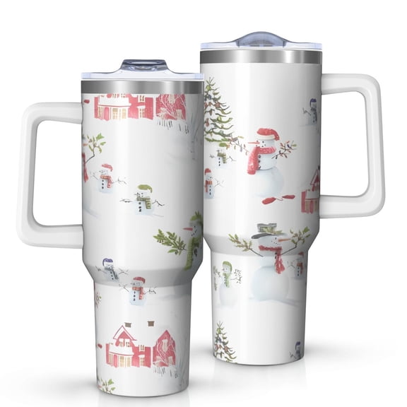 White Christmas Snowman Pattern Tumbler with Handle and Lid,40oz Double Wall Vacuum Insulated Tumbler,Cups Gift for Women and Men