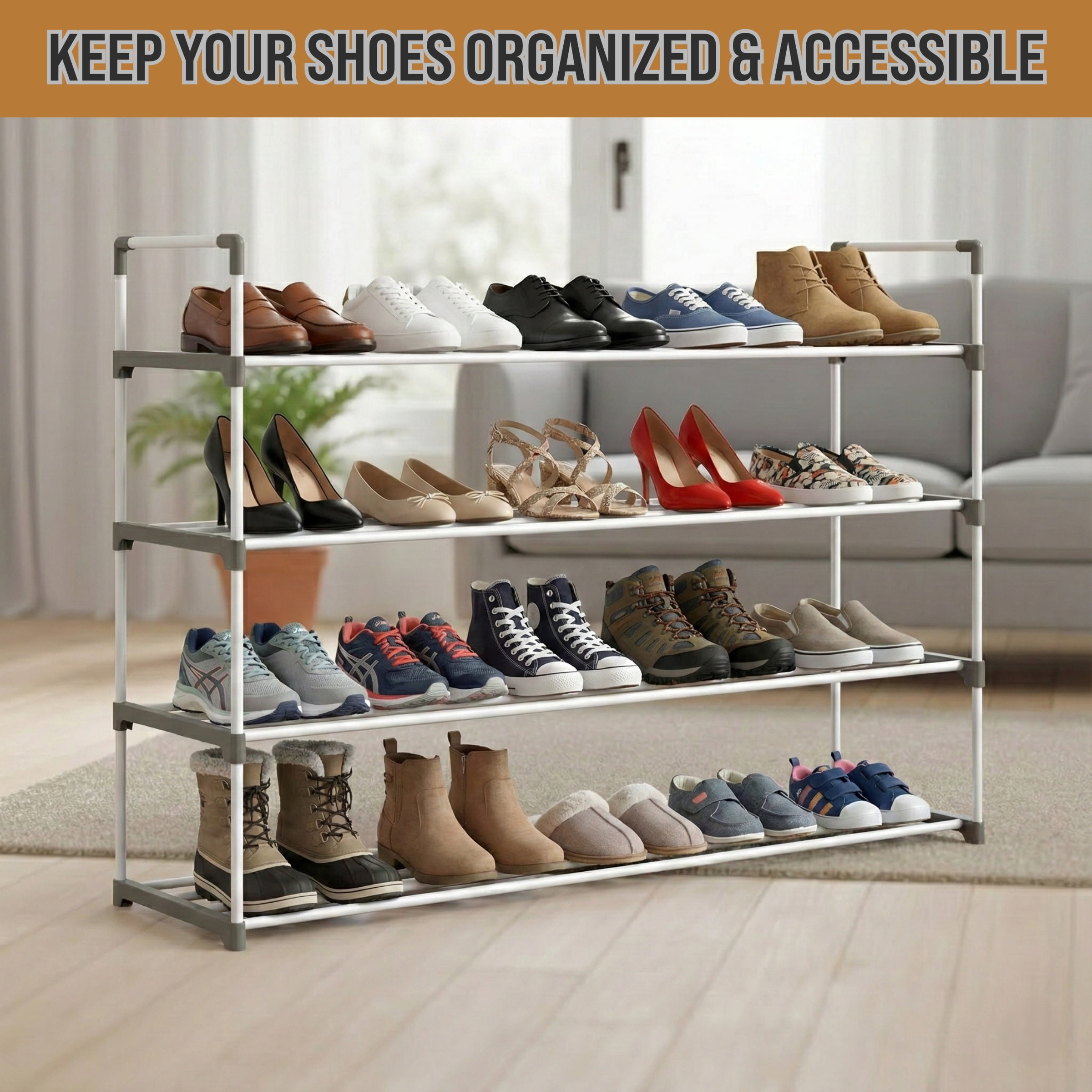 Shoe Rack - 4-Tier Shoe Organizer for Closet, Bathroom, Entryway - Shelf Holds 20 Pairs Sneakers, Heels, Boots by Home-Complete (White)