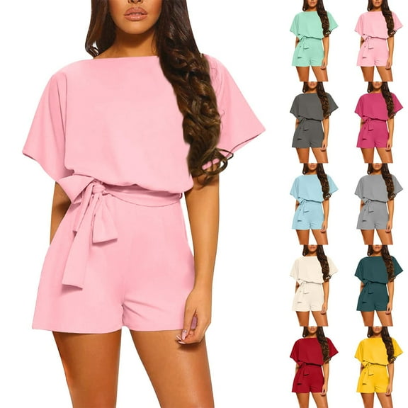 FRSASU Women's Summer Short Sleeve Belted Elastic Waist Solid Color Jumpsuits Rompers Yellow XL(XL)