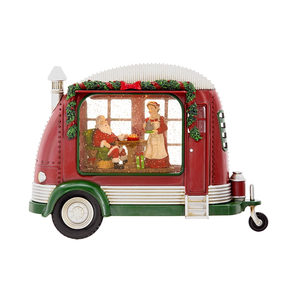 Christmas Resin Camper With Mr & Mrs Santa Tea Time Led/Water Spinning/2 Way Switch, 3*AA Required, 11.3"x4.4"x8"H