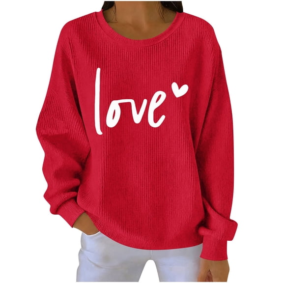 FAWUUDO Womens Valentines Day Printed Crewneck Sweatshirt Long Sleeve Knit Pullover Casual Graphic Romantic Holiday Gift Cozy Top Red XL