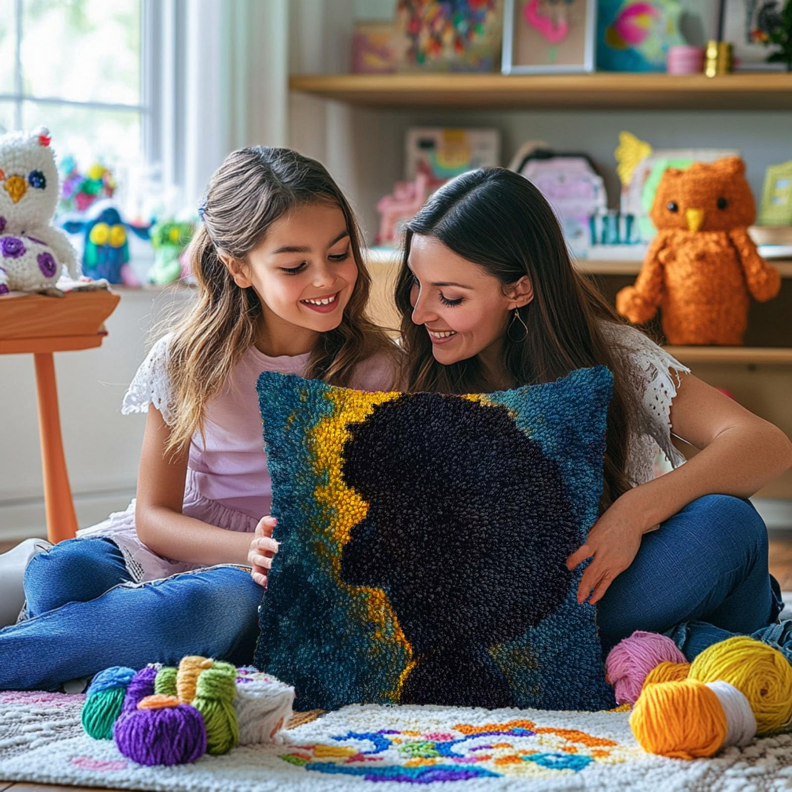 Abstract Shadow of African Woman DIY Latch Hook Pillow Kits for Adults Printed Pillowcase Crochet Yarns Hooking Handmade Pillow Cover Cushion for Home Sofa Decoration 17x17inch