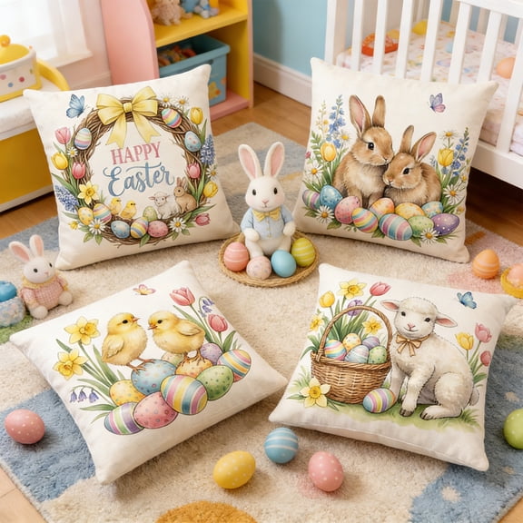 CaiYueKe Easter Throw Pillow Covers Set of 4, Decorative Cushion Covers, Vintage Spring Floral Bunny Egg Farmhouse Sofa Bedroom Living Room Outdoor Home Decor Pillowcases
