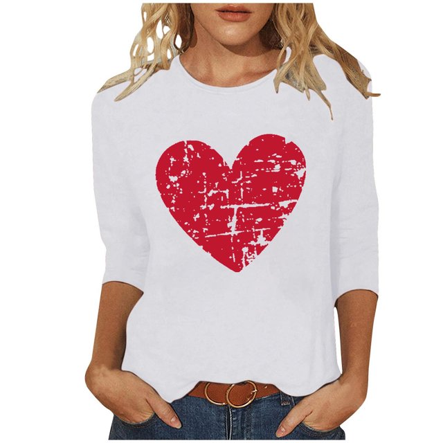 RXMEKW Haut à Manches 3/4, T-Shirt Ample à Manches Trois-Quarts et Col Rond Imprimé Cœur pour Femmes