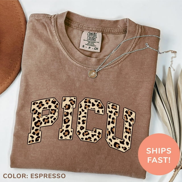 Comfort Colors® Leopard Pediatric Intensive Care Unit Shirt, PICU Nurse Tshirt, Intensive - Ivory - XL