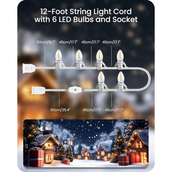 SHILIU-2Pack Christmas Village Lights, Decoration String Lights 12Ft with 12 C7 LED Bulbs, Warm White, with Socket and Switch, for Christmas Snow House,Pumpkin Crafts,Holiday Decoration W04VLP205