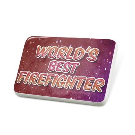 Porcelein Pin Worlds best Firefighter, happy sparkels Lapel Badge –