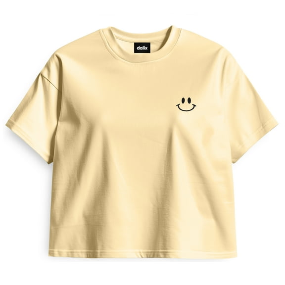 Dalix Smile Face Boxy Short Sleeve Tee Relaxed Summer Cotton Garment Dyed Womens in Yellow L Large