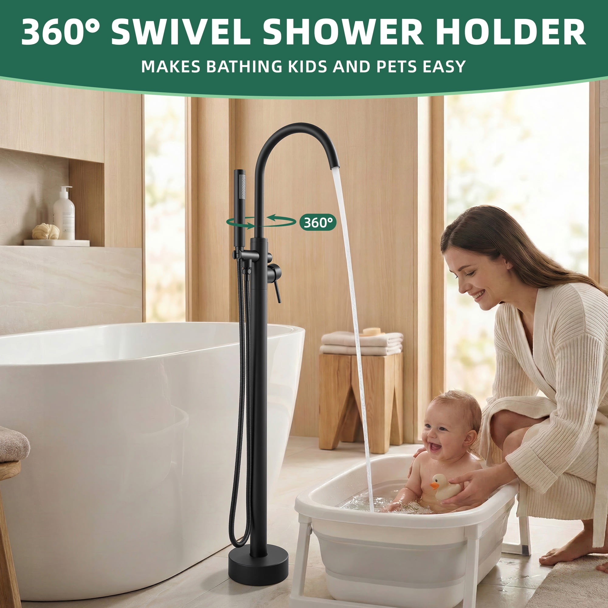 Free Standing Tub Faucet, High Flow Freestanding Bathtub Faucet with Handheld Shower & Gooseneck Spout, 360°Swivel Tub Filler, Brass Body, Matte Black