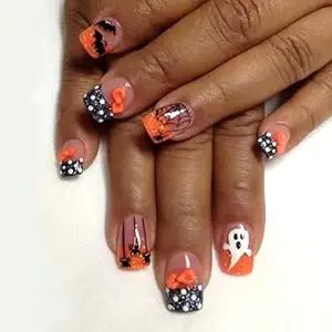 24Pcs Halloween Press on Nails Short Square French Tip Fake Nails Glitter Ghost Bat Spider Web Bow Nail Design Full Cover False Nails Acrylic Glue on Nails DIY Halloween Nail Art Decoration for Women