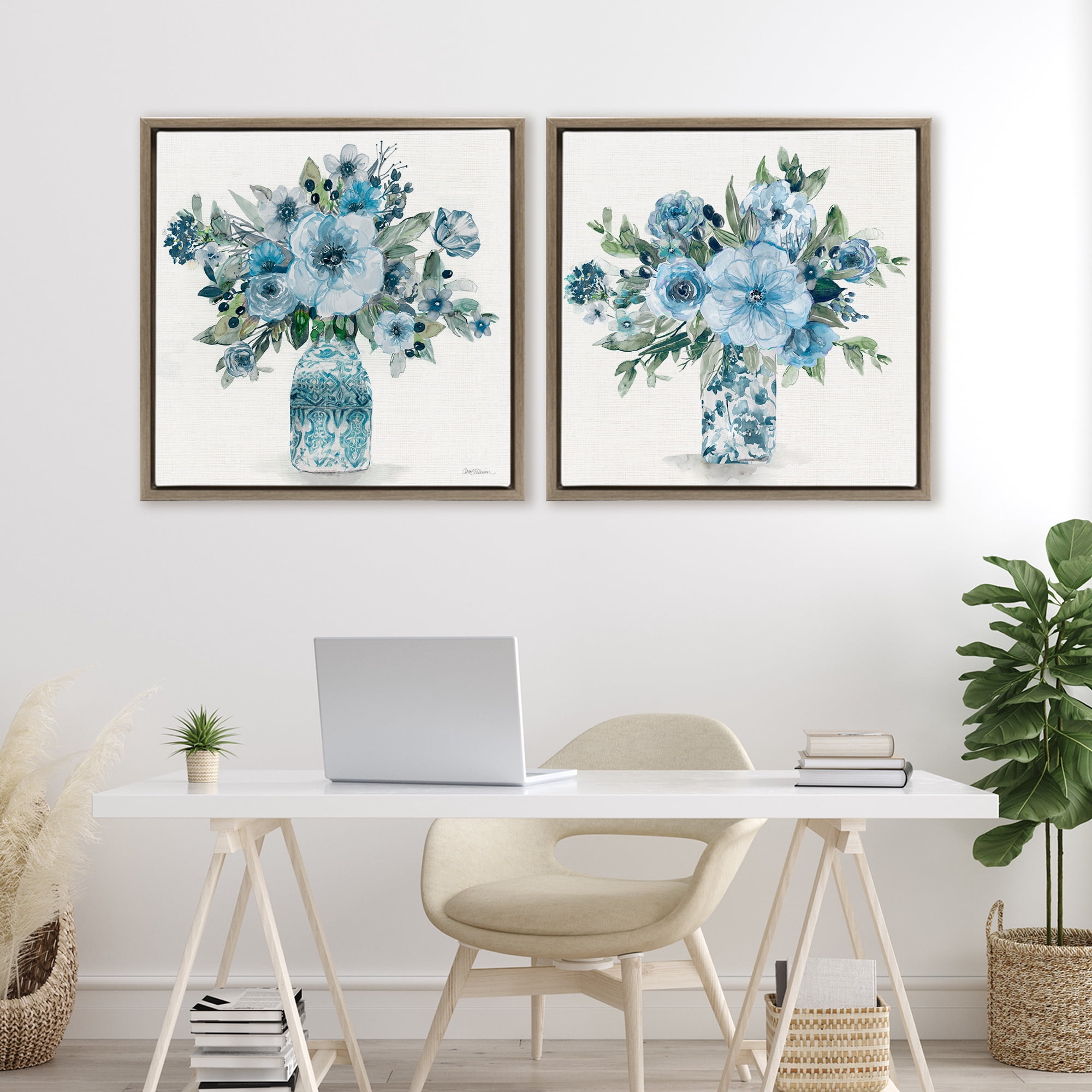 Stupell Industries Pastel Blue Floral Vase Arrangements 2 Piece Brown Framed Floater Canvas Set, design by Carol Robinson